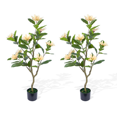 2 Pack Artificial Magnolia Tree,3.7 ft Tall Faux Magnolia Plant with Realistic Leaves and Blooms,Potted Fake Floral Tree for Living Room/Office/Porch Decor