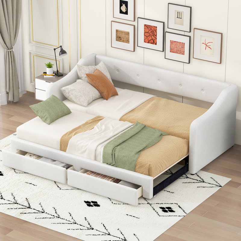 Lit de jour rembourré beige TG avec très grand lit avec tiroirs, tiroirs à boutons et surfaces arrières, siège confortable avec rangement, lattes en bois