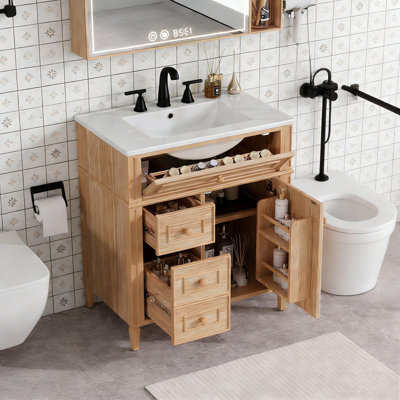 Meuble-lavabo de salle de bain avec lavabo, tiroir rabattable, 2 tiroirs à fermeture en douceur et 1 porte à fermeture en douceur