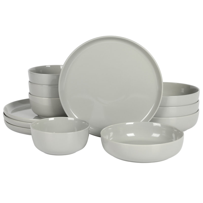 Grey Porcelain 12-Piece Dinnerware Set with Lipped Design