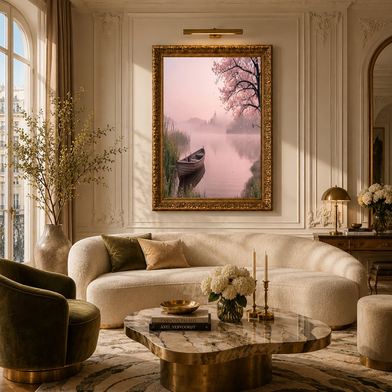 Toile en bois en bois par Pink Cherry Blossom Tree on Misty Lake, impression sur toile, H 20 po x l 30 po