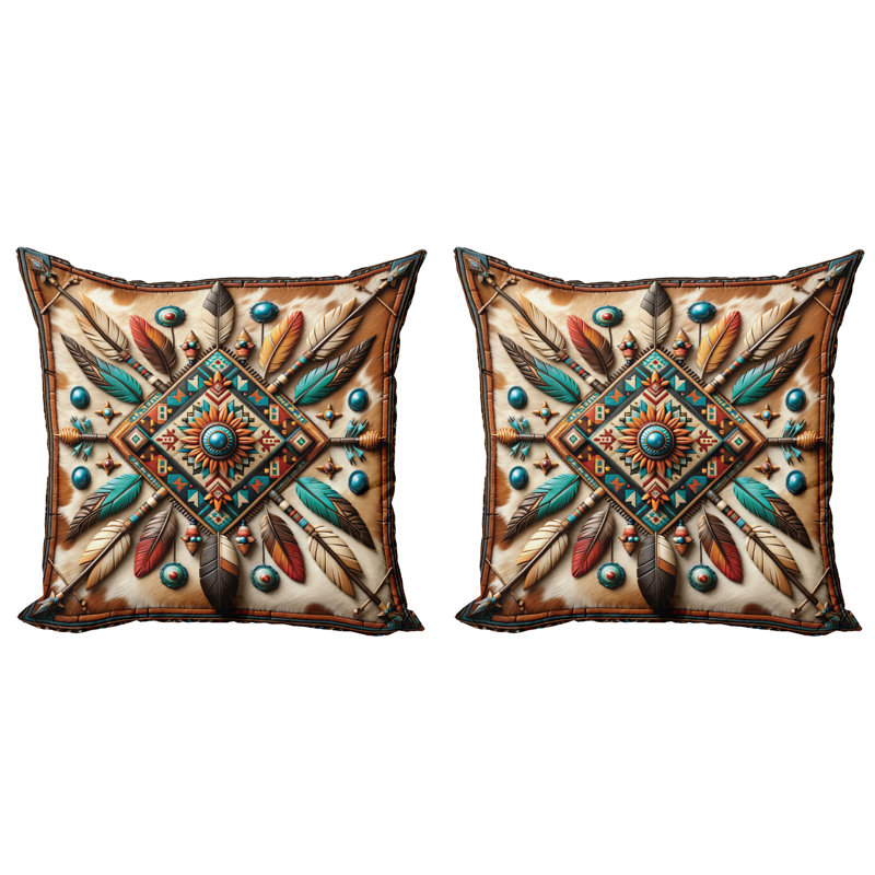 429808_Ambesonne Housse de coussin rustique 2Pack Southwestern Square Feathers, H 20 po x l 20 po