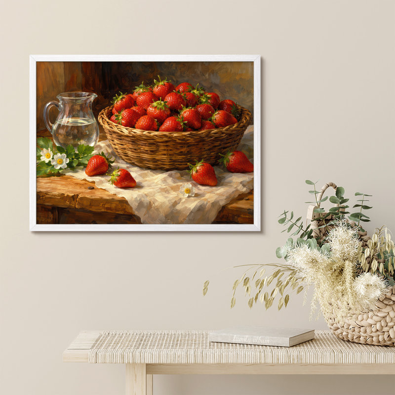 Strawberry Basket Framed Wall Art Prints - Fresh strawberries still life for kitchen, H 12 po x l 16 po, Blanc