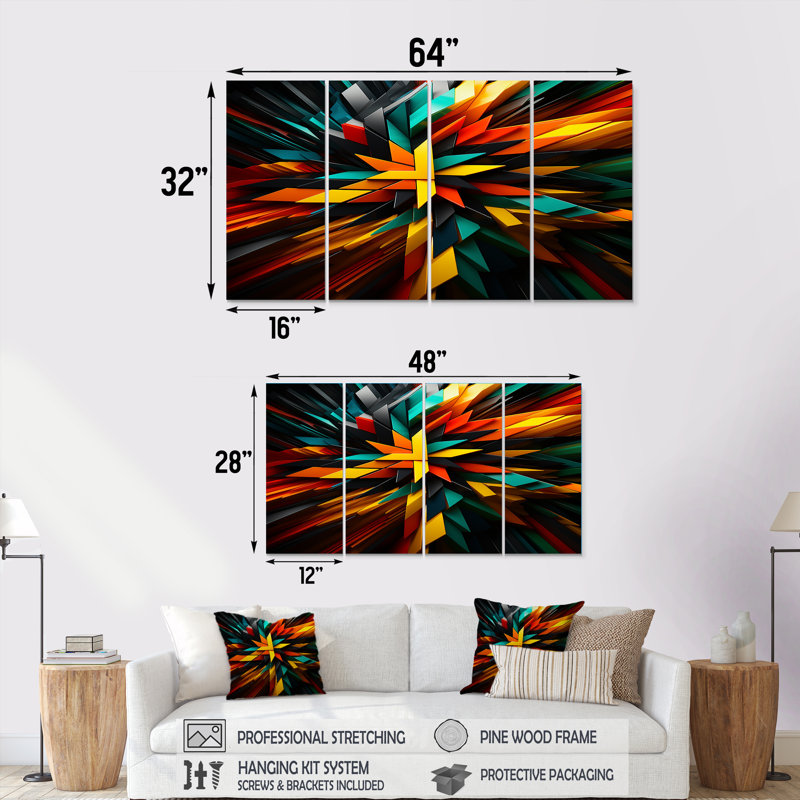 4 pièces d'art mural géométrique Explosion, H 28 po x l 48 po