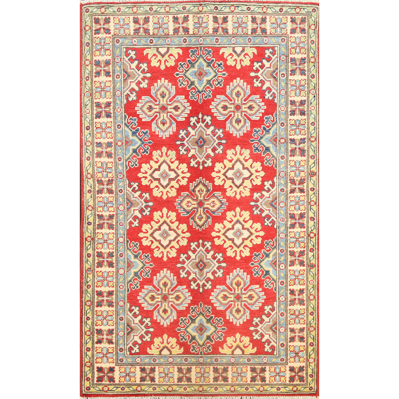 Tapis rouge / bleu / ivoire / gris anthracite en laine noué à la main 3 pi x 4 pi 11 po