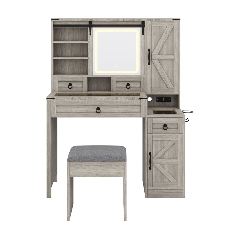 Complete Vanity Set with Glass Top, Storage Drawers, Cabinets, and Matching Stool, Gray
