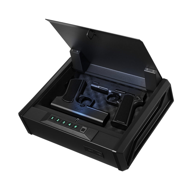 Coffre-fort avec clé à mot de passe et lecteur d'empreintes digitales en mousse haute densité pour table de chevet, bureau de nuit, étui de voiture, protection contre les égratignures, 2 chargeurs de pistolet