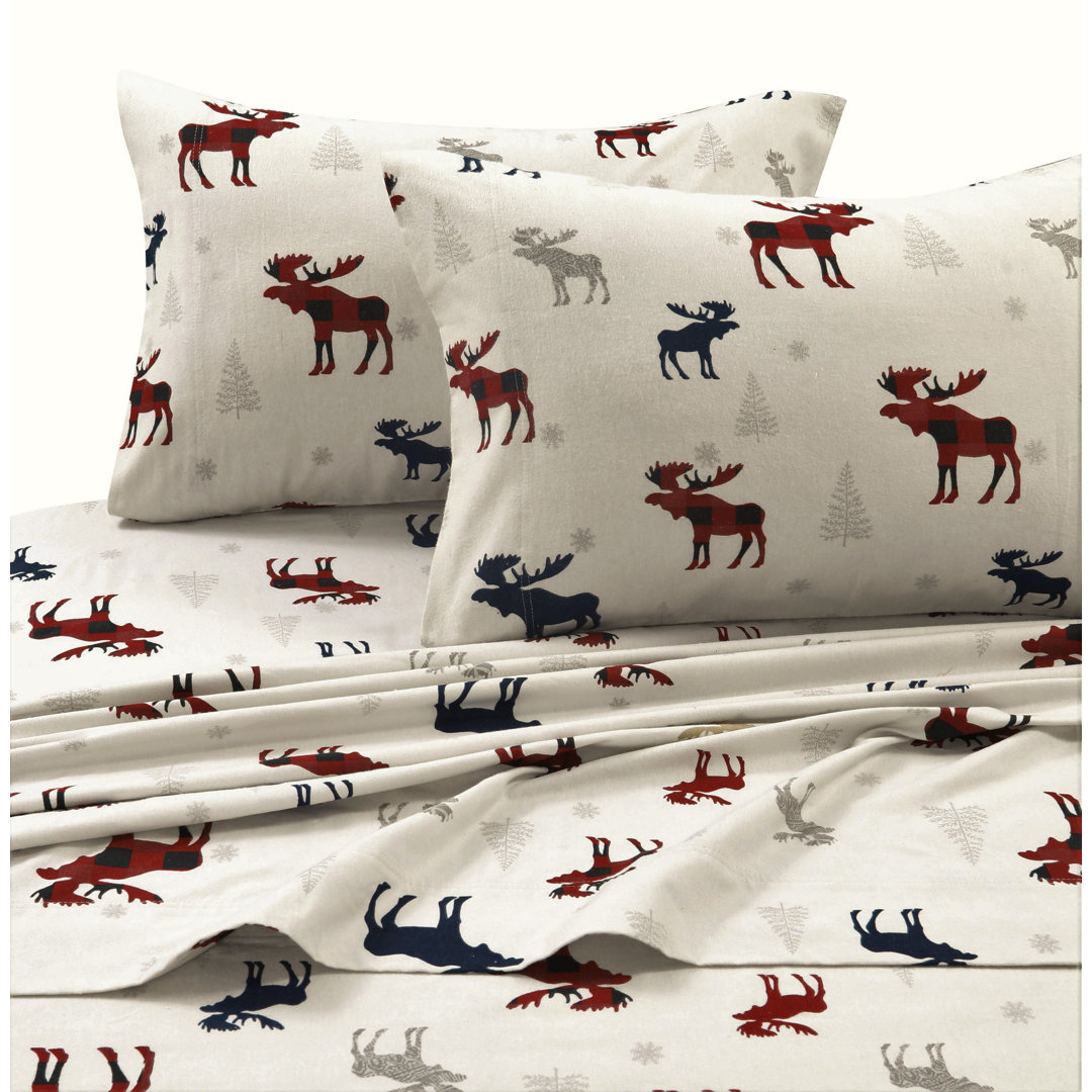 Plaid Moose 170-GSM Printed Flannel Extra Deep Pocket 100% Cotton Sheet Set Tribeca Living