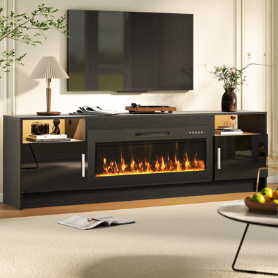 Meuble télé avec foyer 70 po pour meuble télé 80 po avec foyer 36 po et table télé avec rangement, porte ultrabrillante, console télé moderne pour le salon, cristal noir