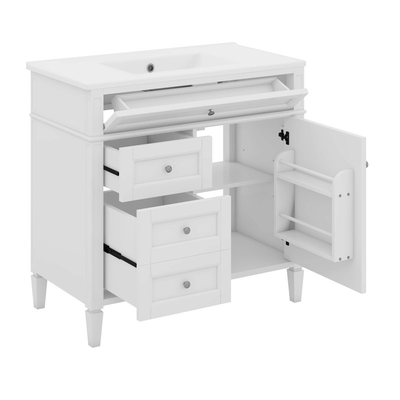 Meuble-lavabo de 36 po avec lavabo supérieur, armoire de rangement moderne avec 2 tiroirs et un tiroir basculant, Blanc