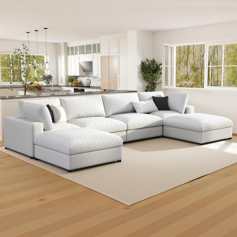 Canapé modulaire surdimensionné en U rembourré de duvet à 6 places avec méridienne de 152 po avec méridienne, blanc