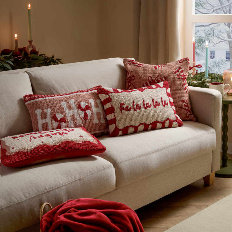 Rectangular Throw Cushion, Red Candy Merry Christmas, Feather