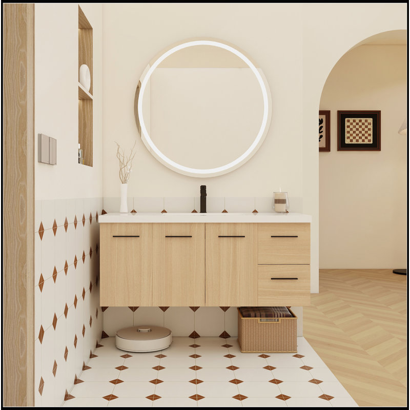 Meuble-lavabo flottant en chêne clair 48 po avec lavabo 48 po, armoire modulaire 3 pièces, comptoir intégré avec revêtement en gel, fixation murale, 4 ensembles