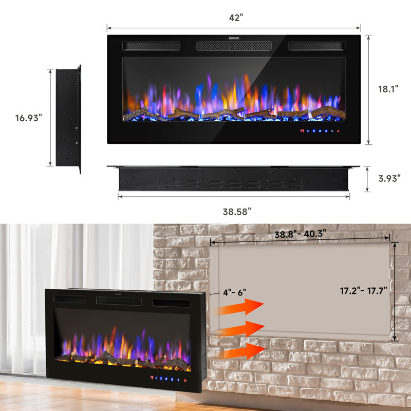 Flame&Shade 42" Electric Fireplace Inserts - Recessed Fire Place And Wall Mounted Fireplace Heater With Remote Control, Touch Screen Indoor Faux Floating Fireplace, Timer, Adjustable Flame Color, 750 | 1500W
