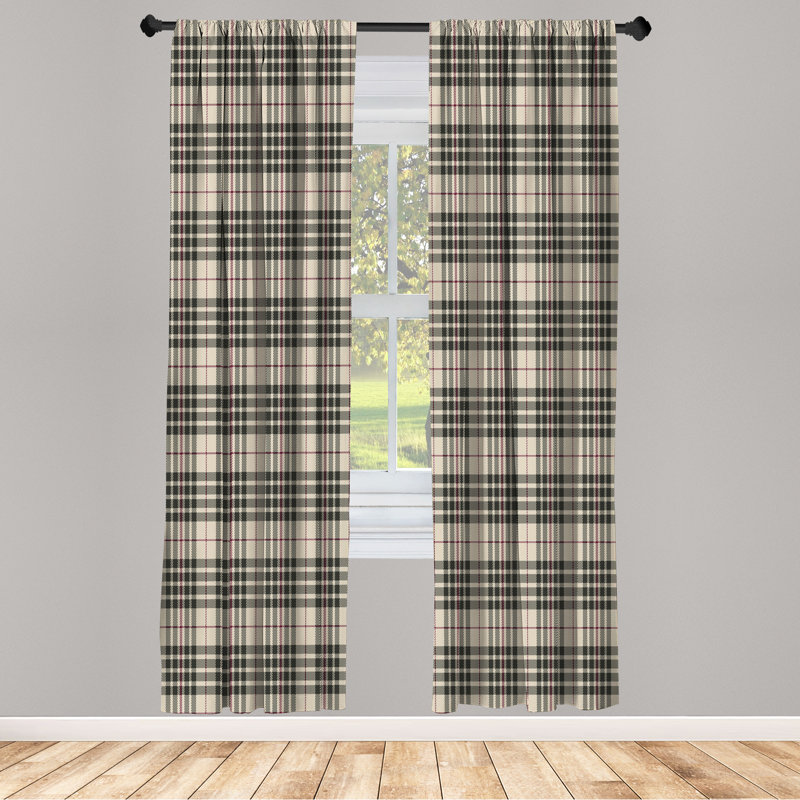 Ebern Designs Vintage Curtains, Tartan British Heraldry, Pair of 28", Beige Dark Taupe Maroon, 28" W x 63" L