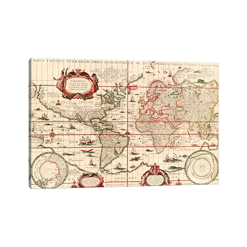 Antique World Map (Blaeu, Willem Janszoon, 1606) 1 Piece Wrapped Canvas Wall Art, 101.6 cm H x 66.04 cm W x 3.175 cm D