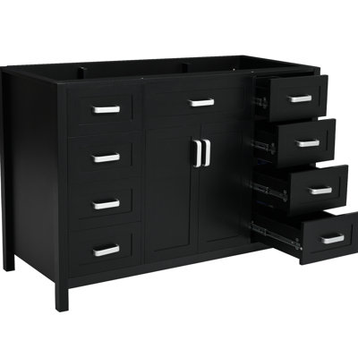 Meuble-lavabo de 47 po seulement, 2 portes à fermeture douce, 8 tiroirs, design classique, finition noire et pin, poignées en aluminium, support réglable pour une installation sur des surfaces inégales