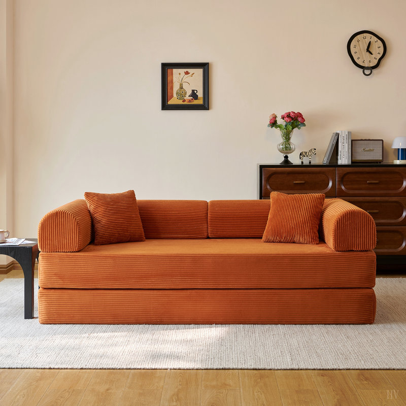 Canapé à compression de 78,8 po, canapé-lit convertible au sol avec accoudoirs avec dossier coussiné, canapé-lit futon confortable, causeuse modulaire désossée, tissu en velours côtelé, pour le salon, la chambre à coucher