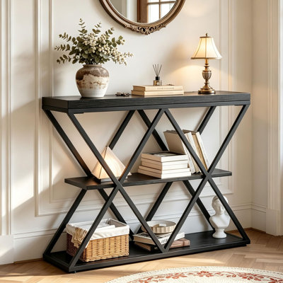 Table d'entrée/de couloir, console industrielle à 3 niveaux avec étagères de rangement ouvertes, structure métallique en forme de X, noire