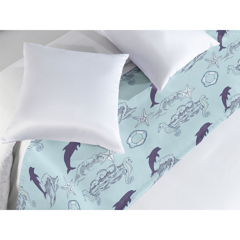 Ambesonne Nautical Bed Runner Waves Dolphins Starfish Pale Blue Pale Blue, King