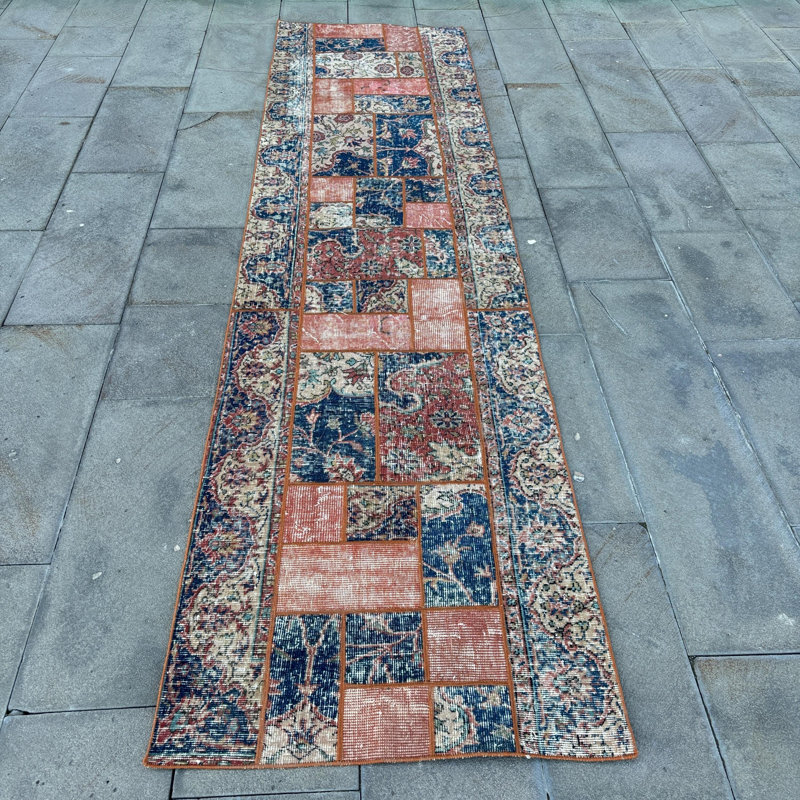 Tapis turc rétro en laine Anatolian de couleur neutre Oushak et tons bleus - idéal pour les escaliers