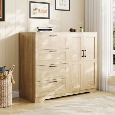 Armoire penderie H 43,3 po avec 4 tiroirs et 2 portes, tringle, commode en bois multifonctionnelle avec placard de rangement, armoire de salle de bain pour chambre à coucher, Natural Oa