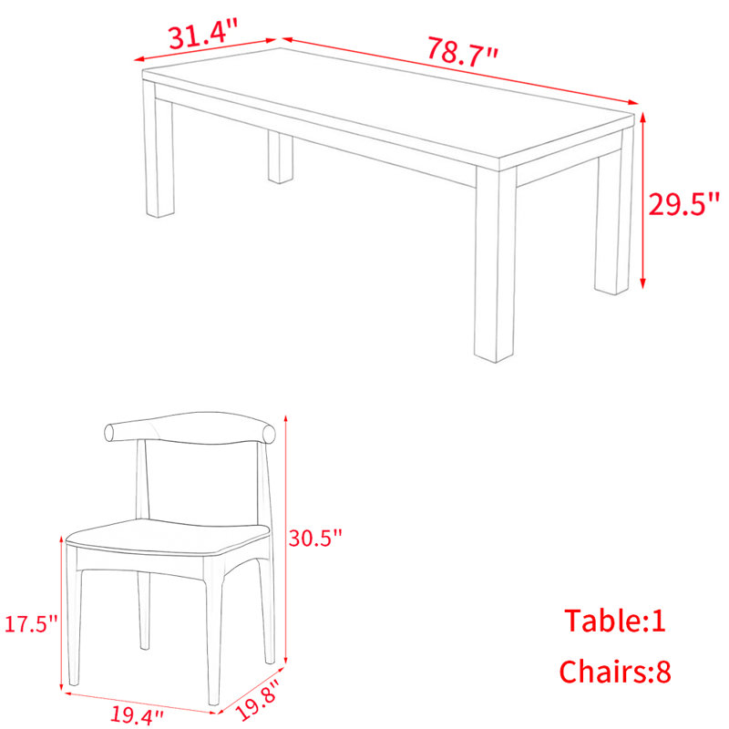 Modern simple solid wood dining table set., 29.5"H x 78.7"L x 31.4"W