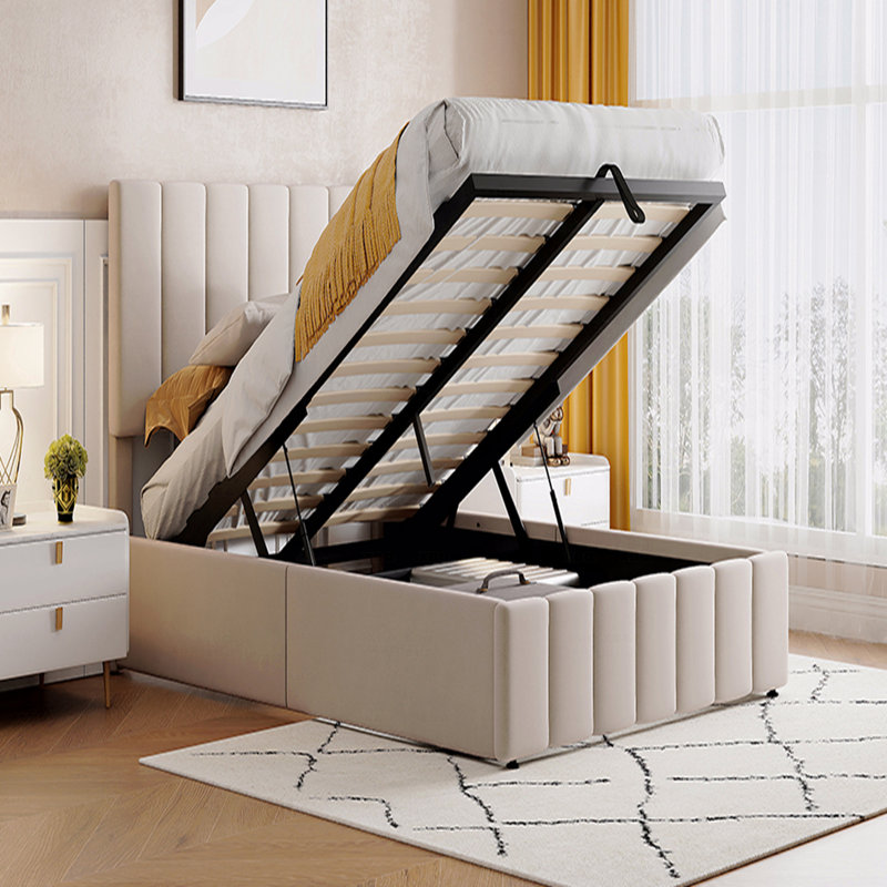 Lit plateforme tapissier double avec système de rangement hydraulique, Beige, Lit double