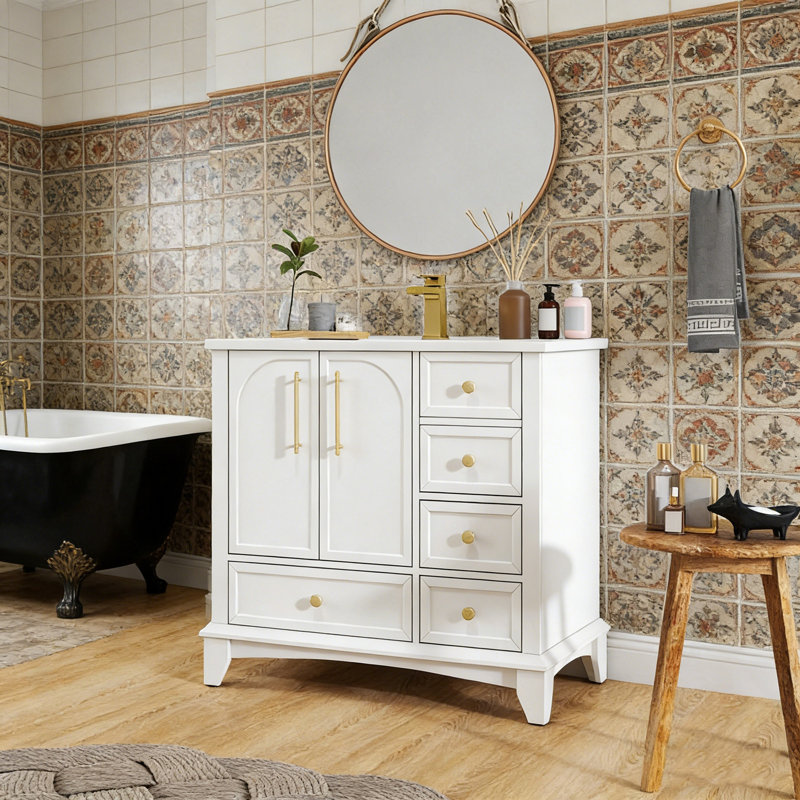 Bathroom Vanity with Sink, Drawers and Metal Handles, White