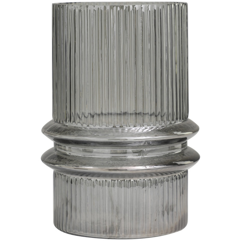 Glass Wide Ribbed Decorative Gray Candle Holder with Fluted Center