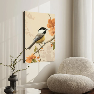 Mésange à tête noire perchée sur une branche d'oranger en fleurs. Illustration botanique vintage. Grande toile tendue sur châssis, idéale pour le salon ou la chambre.