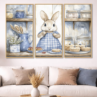 Blue Gingham Bakery - Rabbit Framed 3 Piece Canvas Wall Art