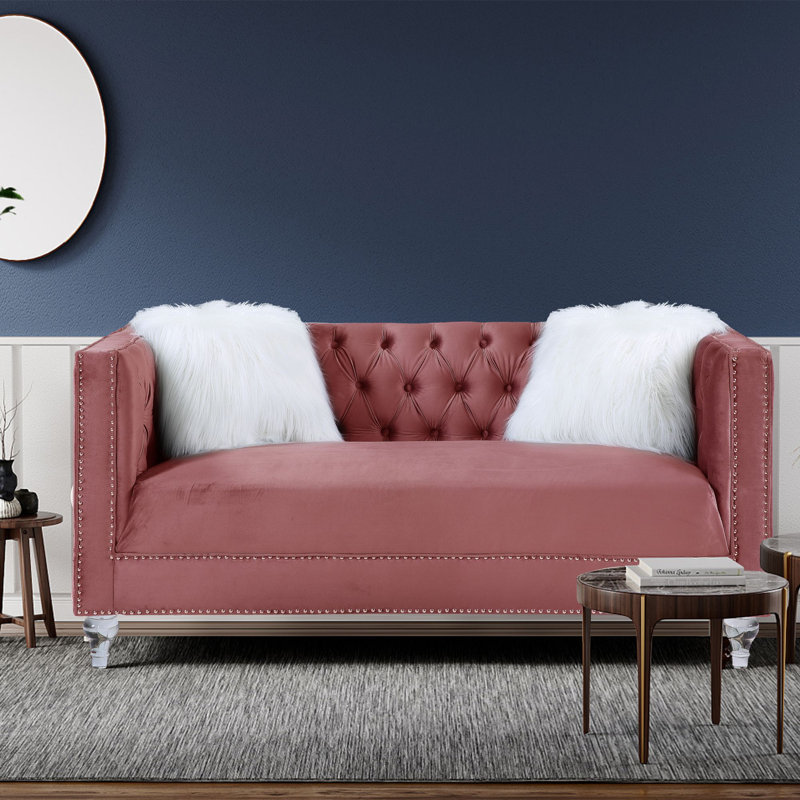 Causeuse Addiel avec 2 coussins en velours gris, Velours rose