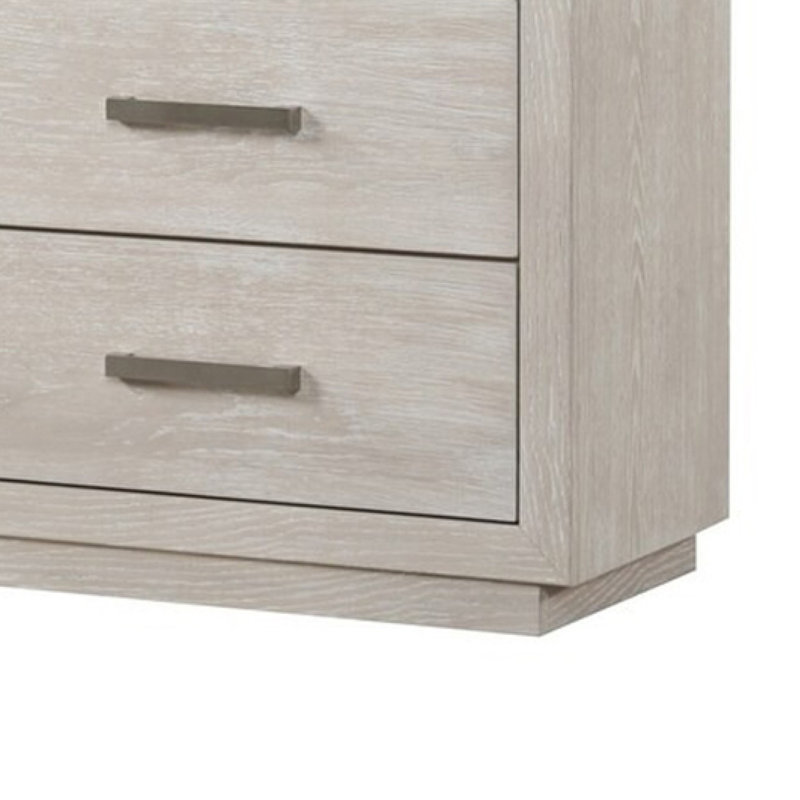Grande commode Kexa, 6 tiroirs, bois massif gris clair, métal nickel
