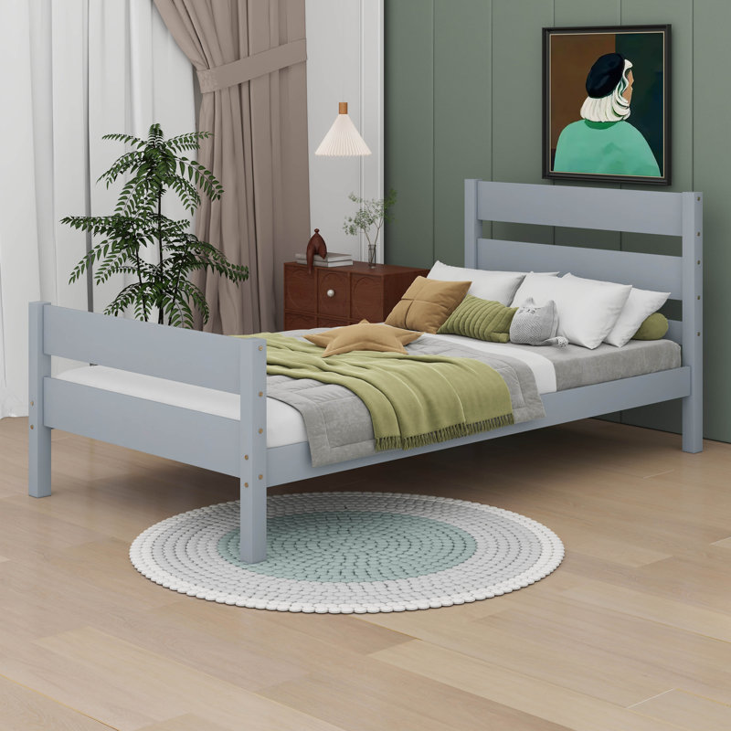 Structure de lit simple en bois avec tête et pied de lit, Gris