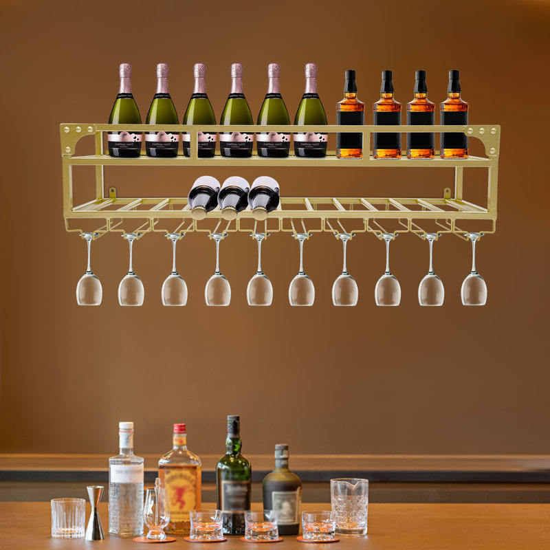 Support à vin industriel avec porte-verre, Doré