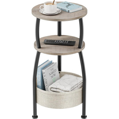 Side Table With Storage Basket, 3-Tier Space-Saving End Table And Small Coffee Table For Bedroom, Living Room, Or Garden, 24" Tall, Greige Finish