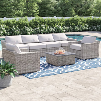 Ensemble de conversation modulaire en osier avec coussins pour 6 personnes