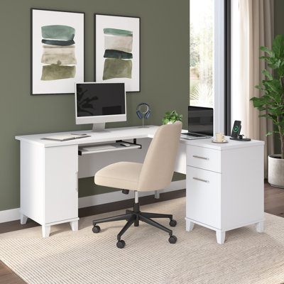 Paelynn 60” L-Shaped Desk with Storage and Drawers, Corner Computer Office Desk, Modern Wood, White