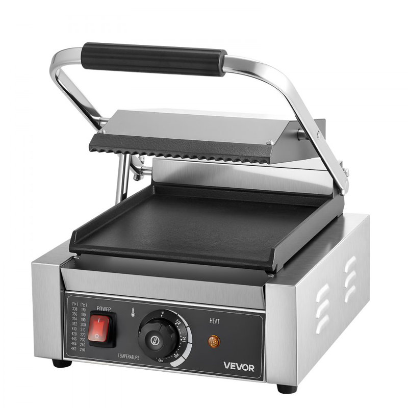 Machine à panini commerciale, machine à panini électrique de 1800 W, machine à presser les sandwichs en acier inoxydable avec poignée et contrôle de la température, plaque émaillée plate de 8,8 x 9 po, pour hamburger de bacon