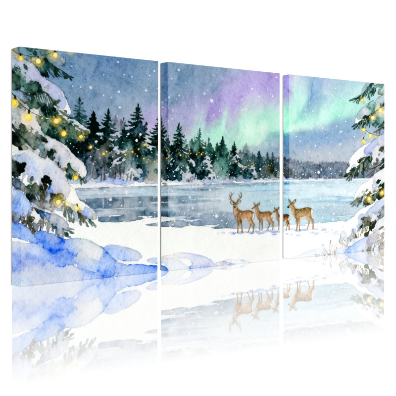 Ensemble de 3 impressions sur toile de Noël, neige, forêt, cerf aurore, H 18 po x l 36 po