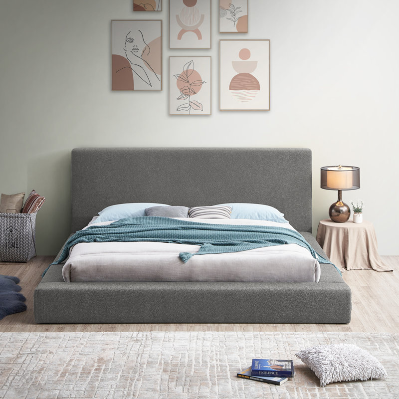 Issaias Upholstered Panel Storage Bed, Grey Boucle Fabric, Full / Double