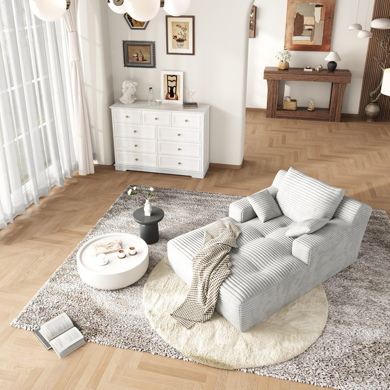 Chaise longue 67 po rembourrée en velours côtelé avec assise profonde, coussins et accoudoirs 67 po, aucun assemblage requis