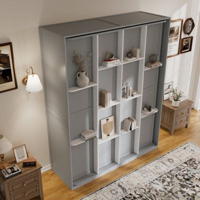 Rotating Queen Murphy Bed with Hidden Storage Racks, Space-Saving Multifunctional Wall Bed for Home Office & Small Rooms, Gray