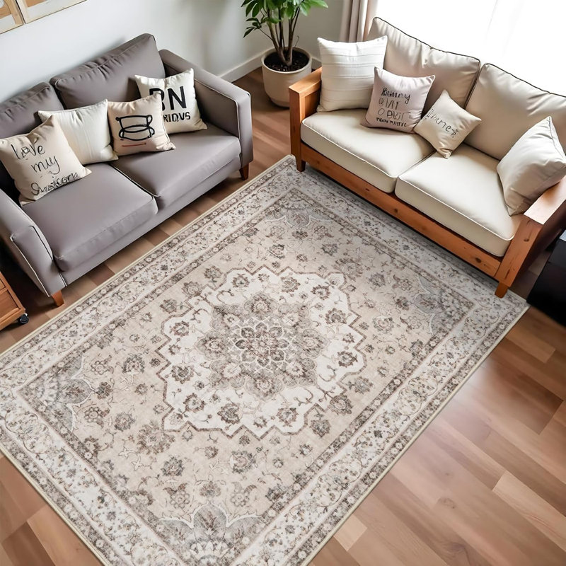 Washable Hallway Rugs: Oriental Non-Slip Kitchen Carpet Distressed Low Pile Indoor Rug for Bedroom Entryway Vintage Soft Non Shedding Floor Mat for Living Room Bathroom (Cream/Beige)