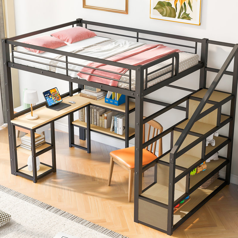 Lit mezzanine en métal noir avec escalier, bureau et tablettes - Lit double, structure, rangement supplémentaire, sans sommier pour un sommeil confortable