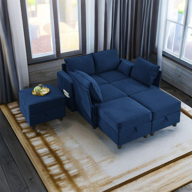 Canapé modulaire 7 pièces Ghufran, Velours côtelé bleu marine