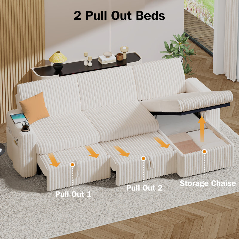 Canapé-lit multifonctionnel en forme de L de 101 po avec dossier réglable, ports USB et pochette de rangement, assemblage sans outil, idéal pour le salon, la chambre à coucher, un dortoir