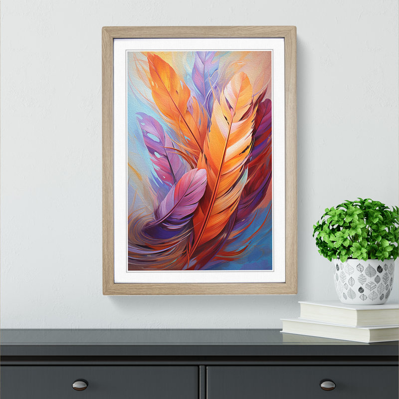 Feather Gestural - Single Picture Frame Print on Wood, 34cm H x 25cm W x 2cm D, Oak