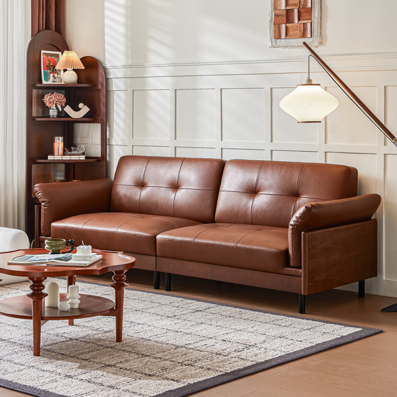 Canapé en cuir surdimensionné de 90,6 po de largeur brun, canapé-lit modulaire luxueux à 4 places avec sièges profonds et accoudoirs larges, causeuse rembourrée de style moderne Mid-Century pour salon